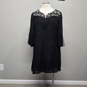 J Gee Midi Dress Plus Size 1X Black Crepe Whimsigoth Fairy Open Lace Bell Sleeve